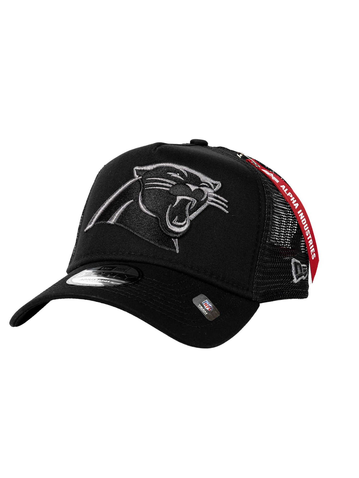 Men's New Era x Alpha Industries Black Carolina Panthers A-Frame 9FORTY Trucker Snapback Hat