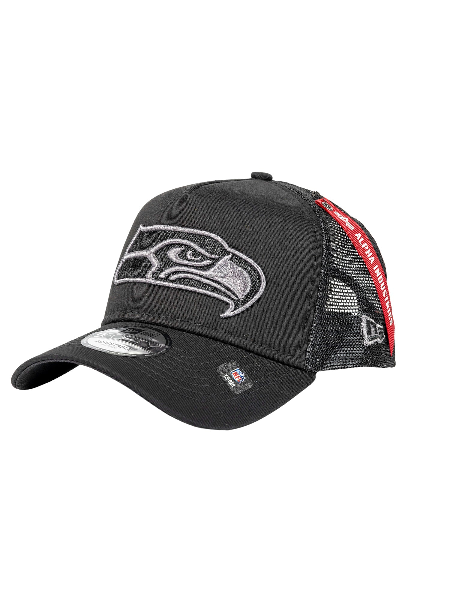 Men's New Era x Alpha Industries Black Seattle Seahawks A-Frame 9FORTY  Trucker Snapback Hat