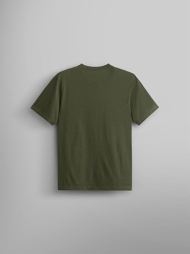 A plain olive green ALPHA AIR ASSAULT REPEL TEE by Alpha Industries / FW24-DROP1 is displayed against a light gray background, showcasing its back side.