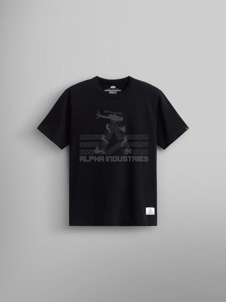 ALPHA AIR ASSAULT REPEL TEE by Alpha Industries in BLACK, featuring a subtle helicopter graphic alongside the brand logo, set against a plain gray background.