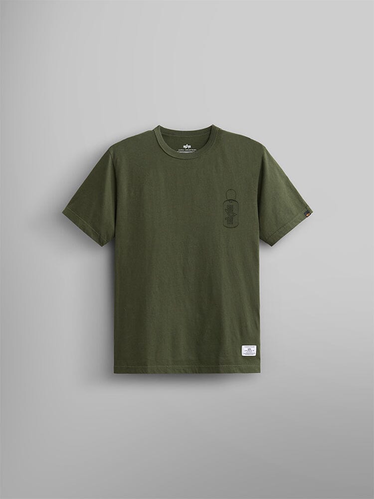 The Alpha Dog Tag Tee by Alpha Industries in olive boasts a small black screen print graphic on the left chest, set against a light gray background.