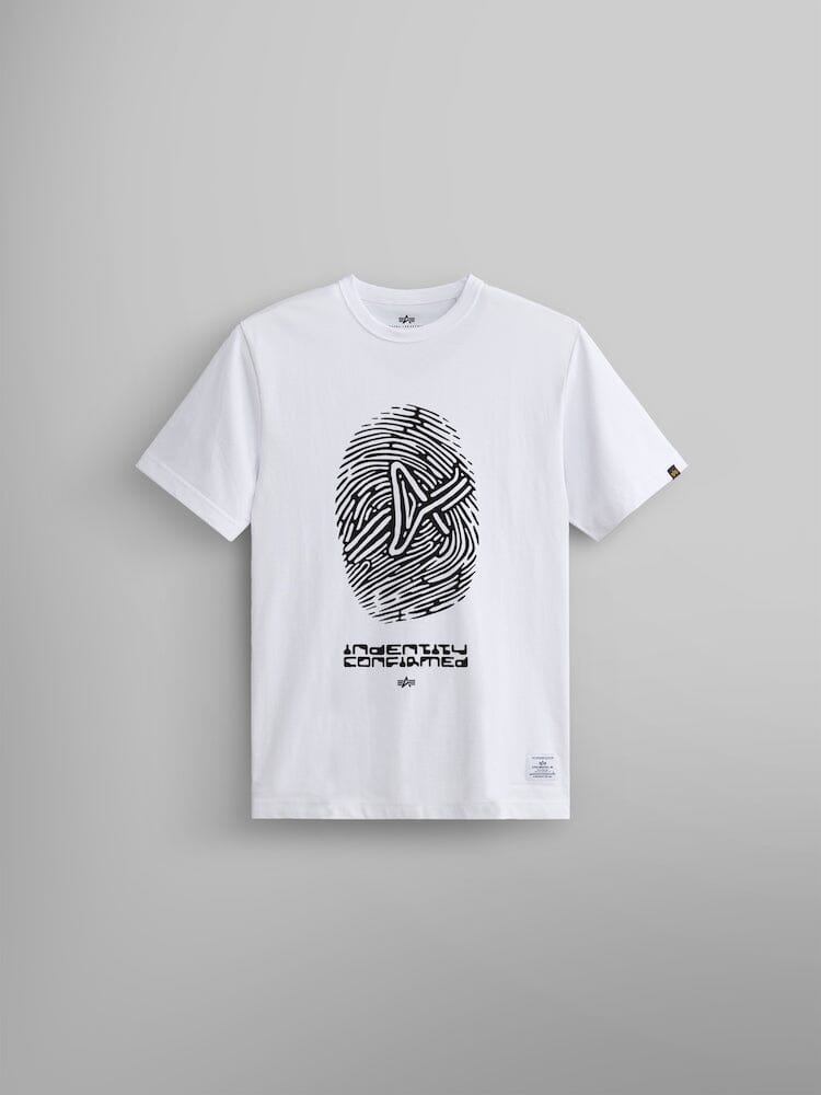 The Alpha Fingerprint Tee by Alpha Industries, featuring a large black fingerprint logo and "Identity Confirmed" text on the front of a white unisex T-shirt.