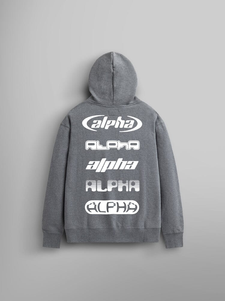 The Alpha Logos Hoodie by Alpha Industries in gray, featuring a kangaroo pocket and showcases various styles of the Alpha logo printed on the back in white.