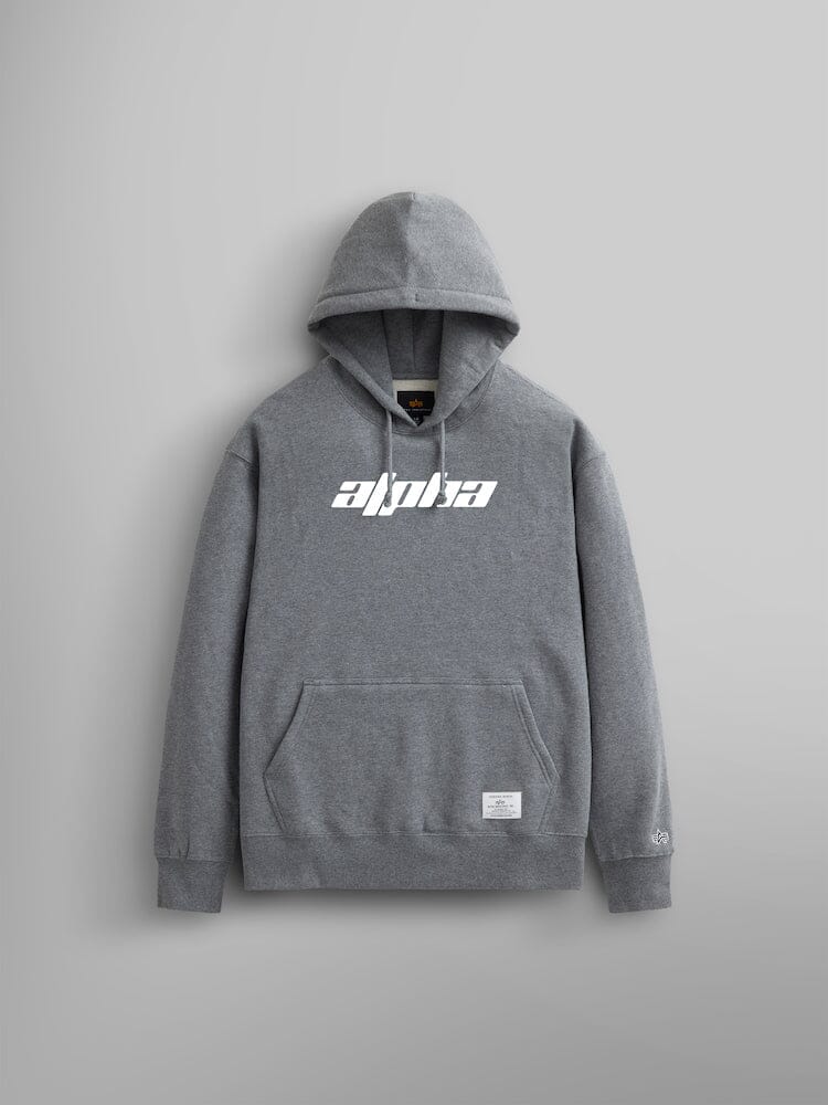 The Alpha Logos Hoodie from Alpha Industries, comes in a medium charcoal heather color and features a kangaroo pocket with the "Alpha" logo printed in white on the chest. 