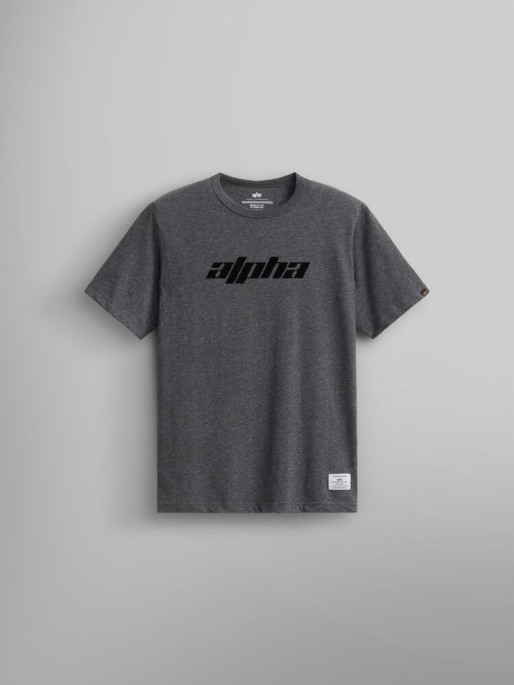 The Alpha Logos Tee by Alpha Industries in dark charcoal heather featuring the iconic Alpha logo in black prominently centered on the front against a plain background.