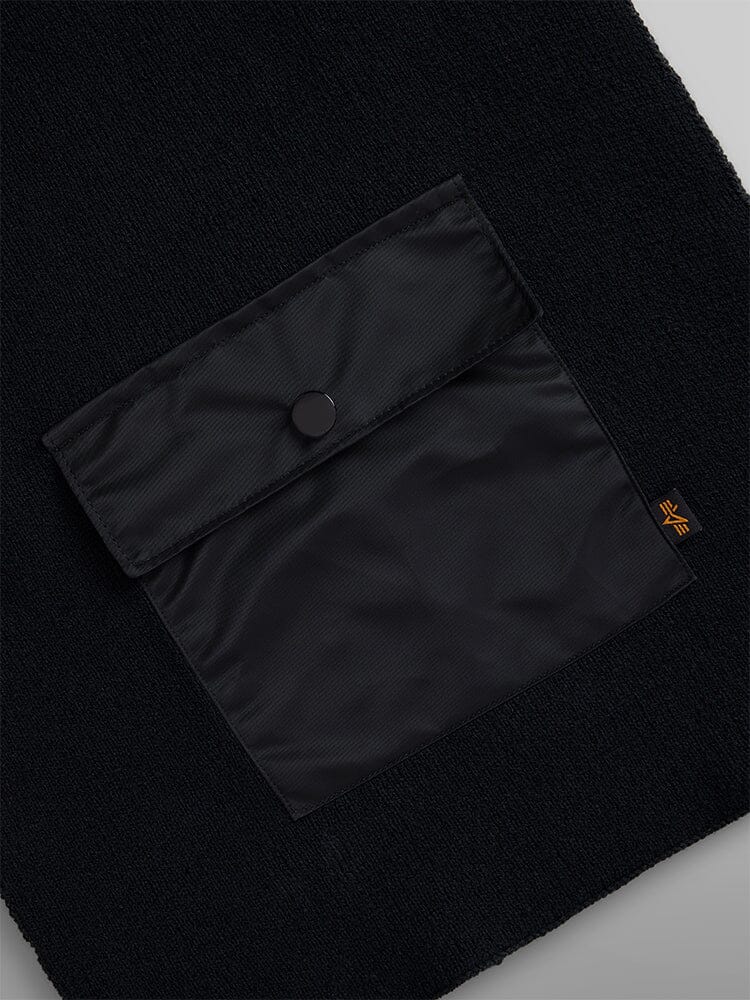 Close-up pocket view of the Alpha Pocket Scarf in black by Alpha Industries.