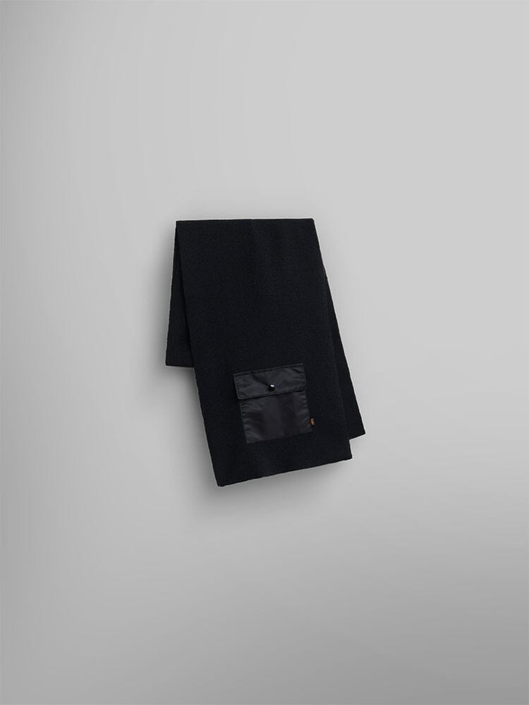 Alpha Pocket Scarf by Alpha Industries, featuring a pocket detail and button flap in black.