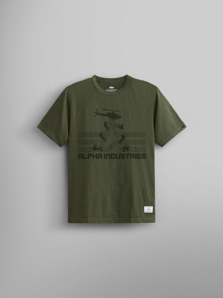 Olive Alpha Industries ALPHA AIR ASSAULT REPEL TEE featuring an air assault helicopter graphic and the brand name on the front.