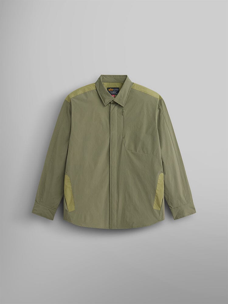 The Astral Shirt Jacket by Alpha Industries in OG-107 green with lighter green shoulder and pocket accents.