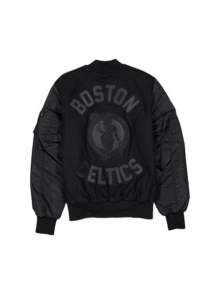 The Boston Celtics x Alpha x New Era Wool Varsity MA-1 Bomber Jacket by Alpha Industries features a striking large logo and text on the back, complemented by team patches for an authentic look.