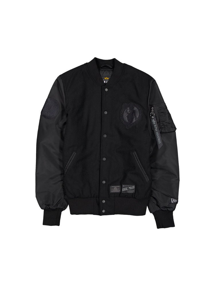 Introducing the Black Boston Celtics x Alpha x New Era Wool Varsity MA-1 Bomber Jacket by Alpha Industries. This stylish jacket combines sleek faux leather sleeves, vibrant team patches, and a convenient zippered arm pocket.