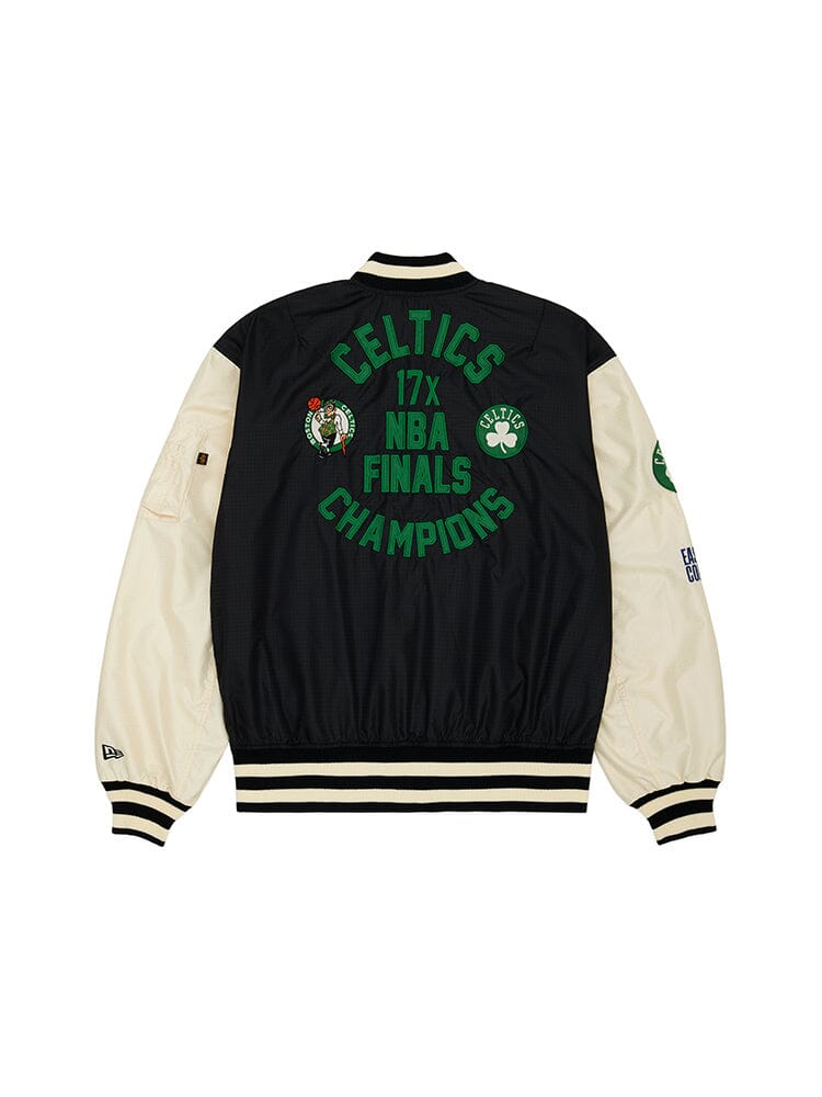 The back of the Boston Celtics x Alpha Industries x New Era L-2B Bomber Jacket, in black and white, showcases "Celtics 17x NBA Finals Champions" along with team patches and logos. This jacket is brought to you by Alpha Industries / NE-NBA.