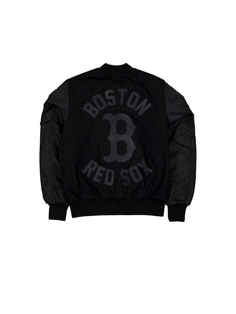 Experience the classic style and team spirit with the Boston Red Sox x Alpha x New Era Wool Varsity MA-1 Bomber Jacket, featuring a black design with a prominent Boston Red Sox "B" logo on the back.