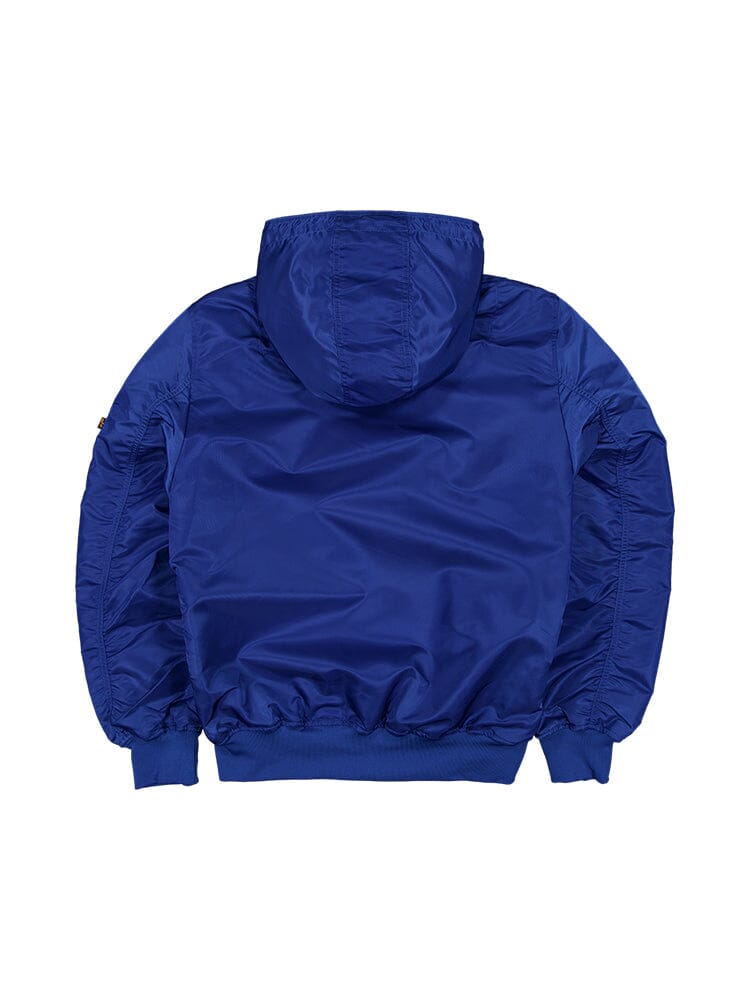 Buffalo Bills x Alpha x New Era L-2B Bomber Jacket, offered by Alpha Industries, is a water-resistant blue jacket with long sleeves and elastic cuffs. The smooth, shiny texture highlights its sporty appeal, while an NFL team patch on the back adds a fan-favorite touch to its classic design.