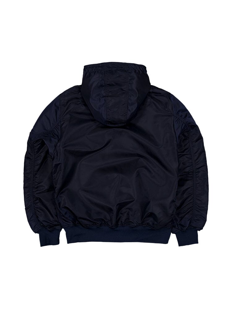 The jacket displayed from the back is a Chicago Bears x Alpha Industries x New Era Hooded MA-1 Bomber Jacket in navy blue, featuring long sleeves and a ribbed hem and cuffs, echoing the style of a classic NFL Bomber Jacket.