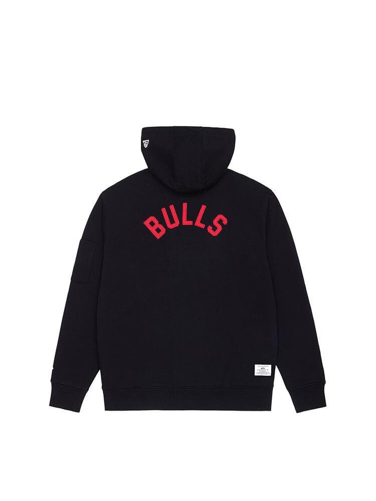 Introducing the Chicago Bulls X Alpha X New Era Hoodie by Alpha Industries, a black heavyweight fleece hoodie featuring the bold red "Bulls" text on the back. This piece includes a hood and long sleeves, capturing Alpha Industries' iconic style for a seamlessly cool appearance.