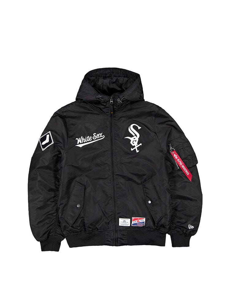 The Chicago White Sox X Alpha X New Era L-2B Bomber Jacket in Black by Alpha Industries features MLB© logos, a zip closure, and a red tag on the sleeve.