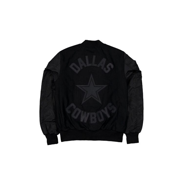 Alpha Industries' FW24-NE-NFL Wool Varsity MA-1 Bomber Jacket, showcasing the Dallas Cowboys and a star logo on the back.