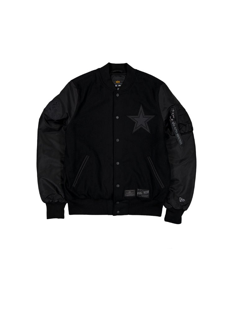 Introducing the Dallas Cowboys X Alpha X New Era Wool Varsity MA-1 Bomber Jacket by Alpha Industries. This black jacket features a large star on the chest, leather sleeves, and front pockets. It offers the perfect blend of style and comfort, capturing an NFL jacket's classic design with a modern twist.