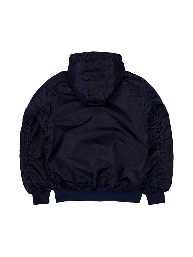 Experience the Dallas Cowboys x Alpha x New Era L-2B Bomber Jacket, presented in a back view. It features a black design with long sleeves and is crafted from water-resistant material for enhanced durability, brought to you by Alpha Industries.