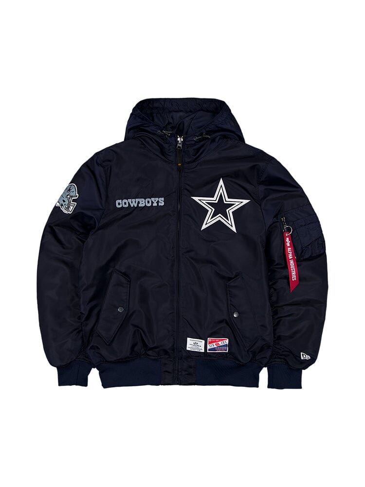 The Dallas Cowboys x Alpha x New Era L-2B Bomber Jacket features a sleek replica blue design, showcasing the iconic Cowboys name, star emblem, and NFL team patches. With a zipper closure and red tag detail, this Alpha Industries piece is crafted from water-resistant material to keep you stylish and dry.