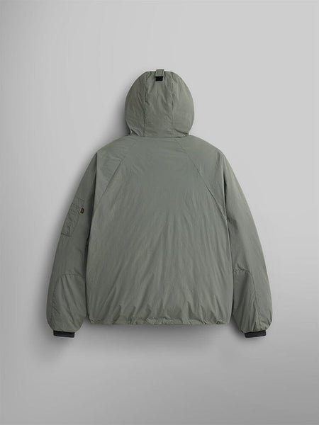 An Insulated Hooded Parka by Alpha Industries, in sage green, is featured from the back, showcasing its casual parka design.