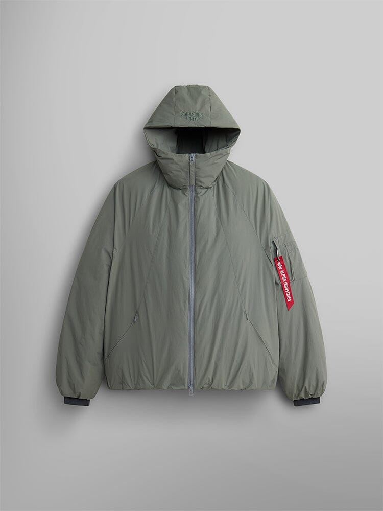 The Field Gray Insulated Hooded Parka by Alpha Industries features a front zipper and a tag in red on the left sleeve. Designed as a casual parka, it is crafted with responsible down fill to ensure warmth and sustainability while maintaining water-resistant qualities for versatile all-weather use.