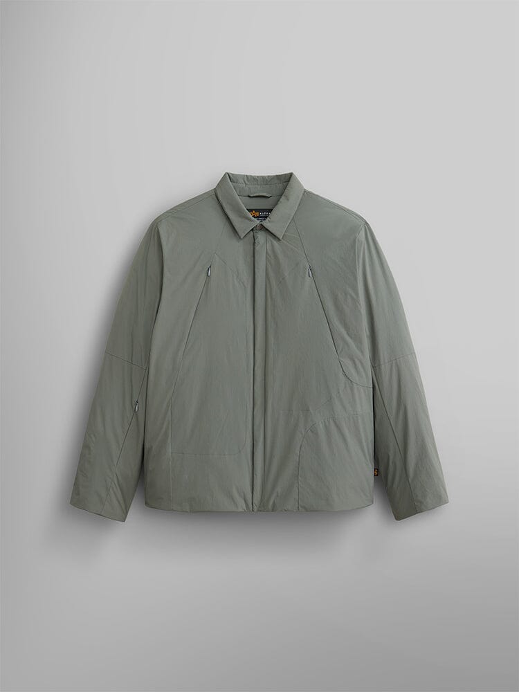 Field Gray long-sleeve, down-filled insulated shirt jacket from Alpha Industries with a zipper and folded collar, offering a streetwear look.