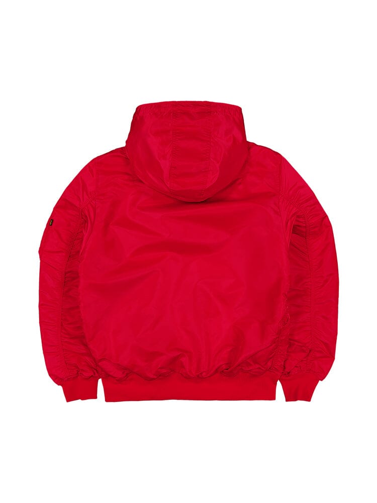 The Kansas City Chiefs x Alpha x New Era L-2B Bomber Jacket, from Alpha Industries, is a red hooded jacket with a back view design similar to an L-2B Bomber Jacket. It features elastic cuffs and waistband, making it the perfect choice for Kansas City Chiefs fans eager to support their team in style.