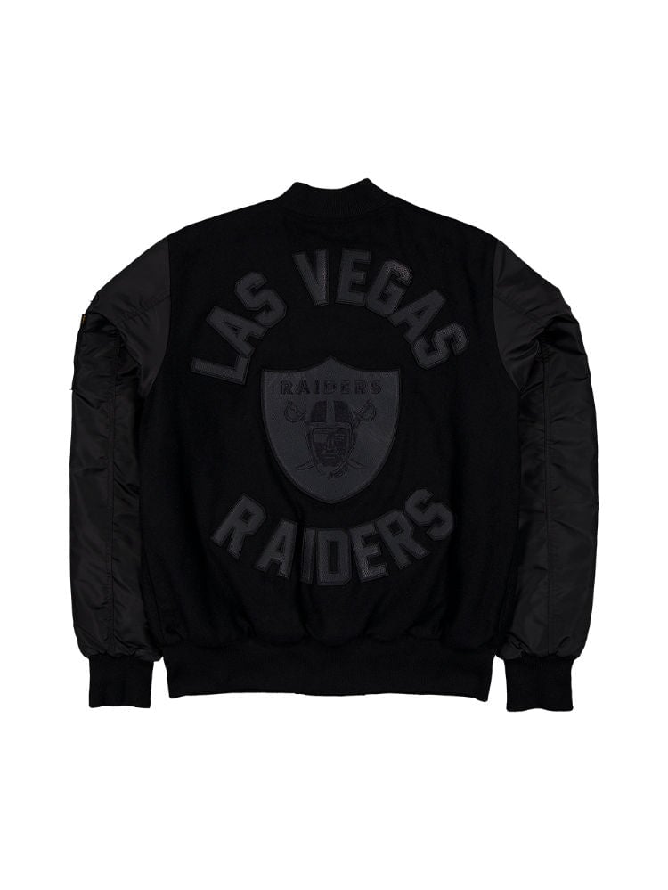 This stylish Las Vegas Raiders X Alpha X New Era Wool Varsity MA-1 Bomber Jacket by Alpha Industries features the Las Vegas Raiders logo on the back, highlighted by dark sleeves and a ribbed collar. Ideal for fans, this versatile jacket blends the timeless design of a varsity bomber jacket with contemporary appeal.