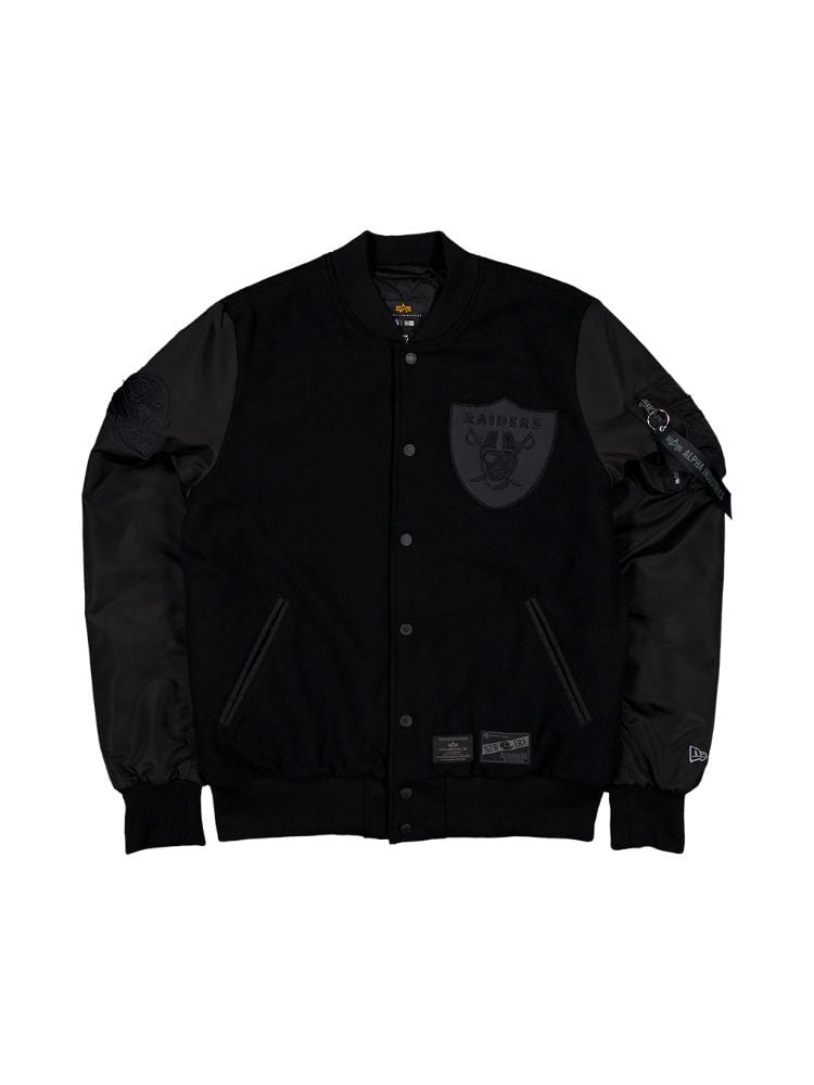 Introducing the Las Vegas Raiders x Alpha x New Era Wool Varsity MA-1 Bomber Jacket by Alpha Industries, available in black, featuring a Raiders logo on the front. This jacket is crafted from faux leather and includes snap button closures with two pockets.