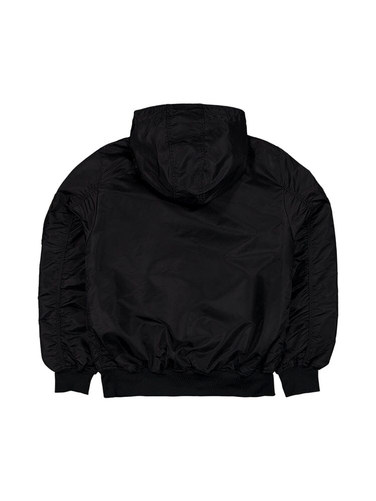 The Las Vegas Raiders X Alpha X New Era L-2B Bomber Jacket by Alpha Industries features a black design with a hood, long sleeves, and ribbed cuffs, making it an ideal choice for any Las Vegas Raiders fan.