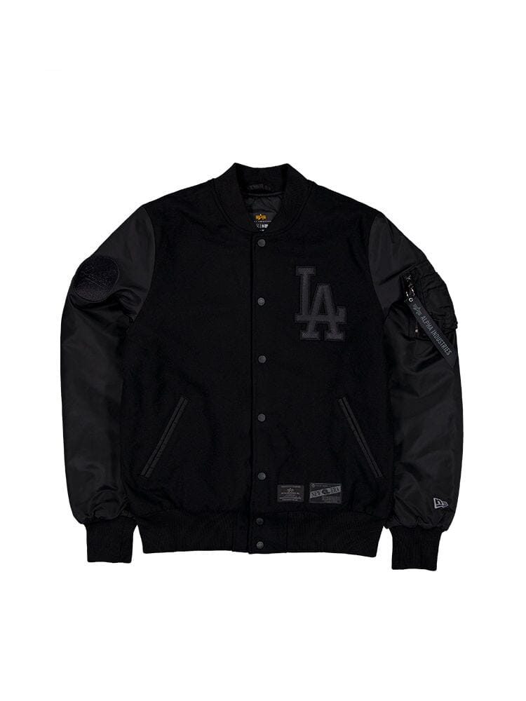 LOS ANGELES DODGERS X ALPHA X NEW ERA FAUX LEATHER VARSITY MA-1 BOMBER JACKET OUTERWEAR Alpha Industries / FW24-NE-MLB BLACK S 