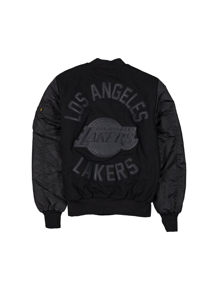 The Los Angeles Lakers X Alpha X New Era Wool Varsity MA-1 Bomber Jacket by Alpha Industries showcases a black design with an embroidered Los Angeles Lakers emblem on the back and a discreet Lakers logo at the center.