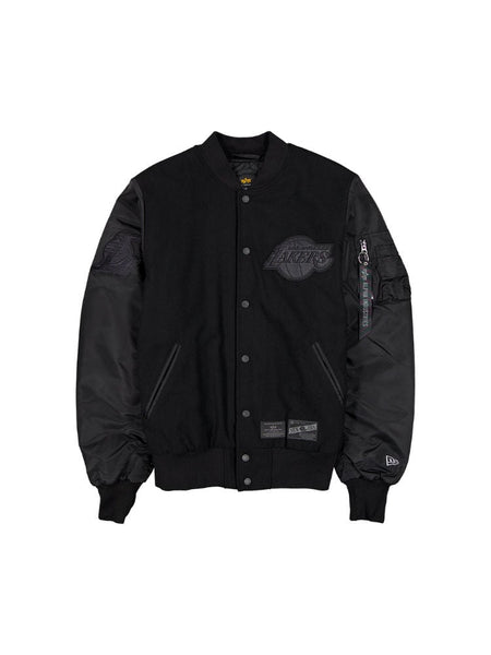 The Los Angeles Lakers x Alpha x New Era Wool Varsity MA-1 Bomber Jacket by Alpha Industries is a black jacket adorned with the Lakers logo on both the chest and arm, featuring snap buttons and faux leather sleeves.