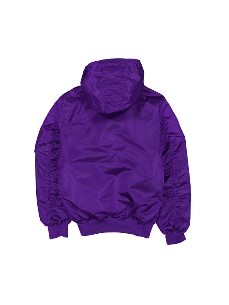 Back view of the Los Angeles Lakers x Alpha Industries x New Era L-2B Hooded Bomber Jacket, featuring ruched sleeves for an athletic vibe akin to an NBA Bomber Jacket.