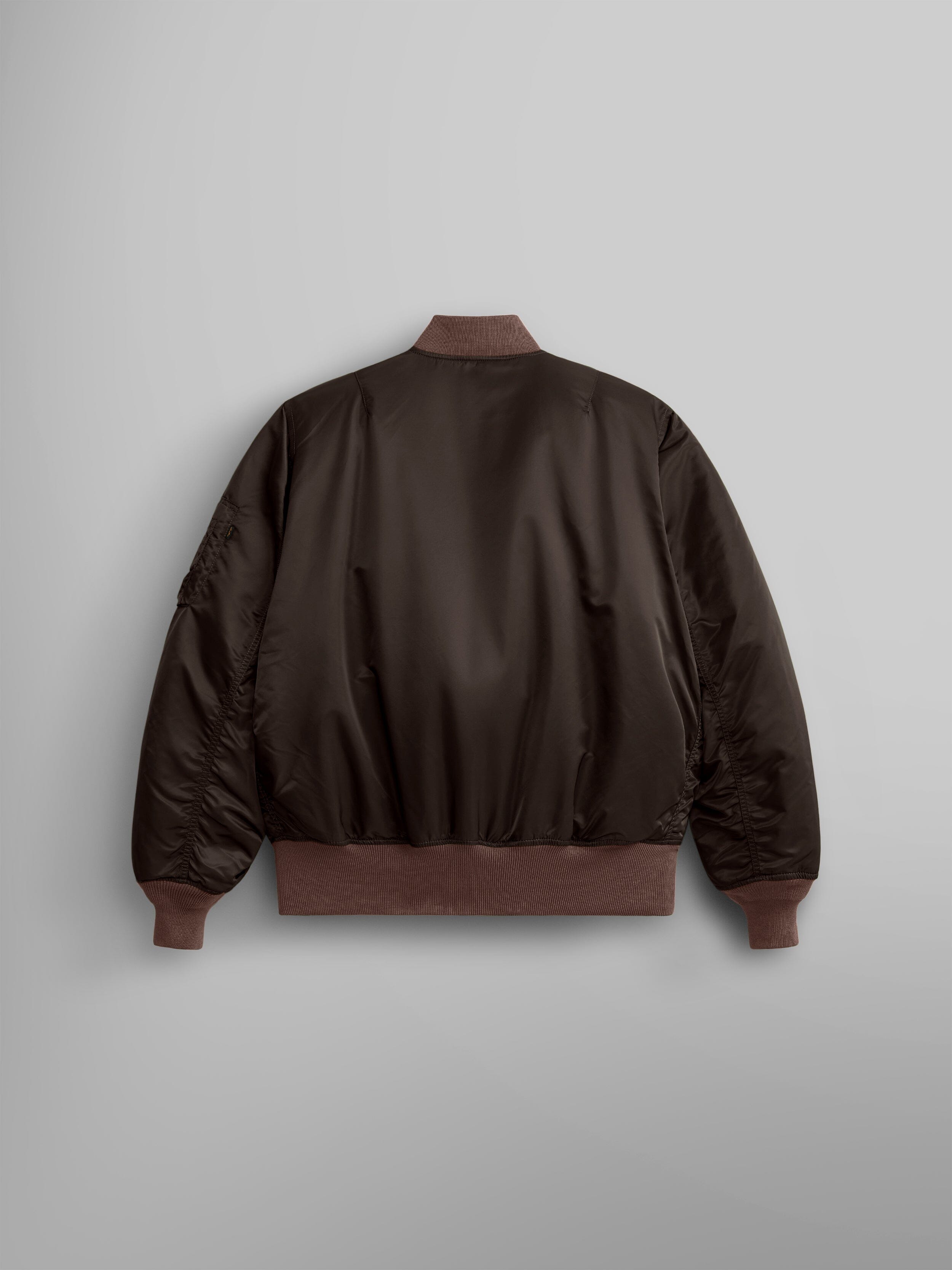 Back view of MA-1 Bomber Jacket (Heritage) in Dark Brown (Chocolate). By Alpha Industries.