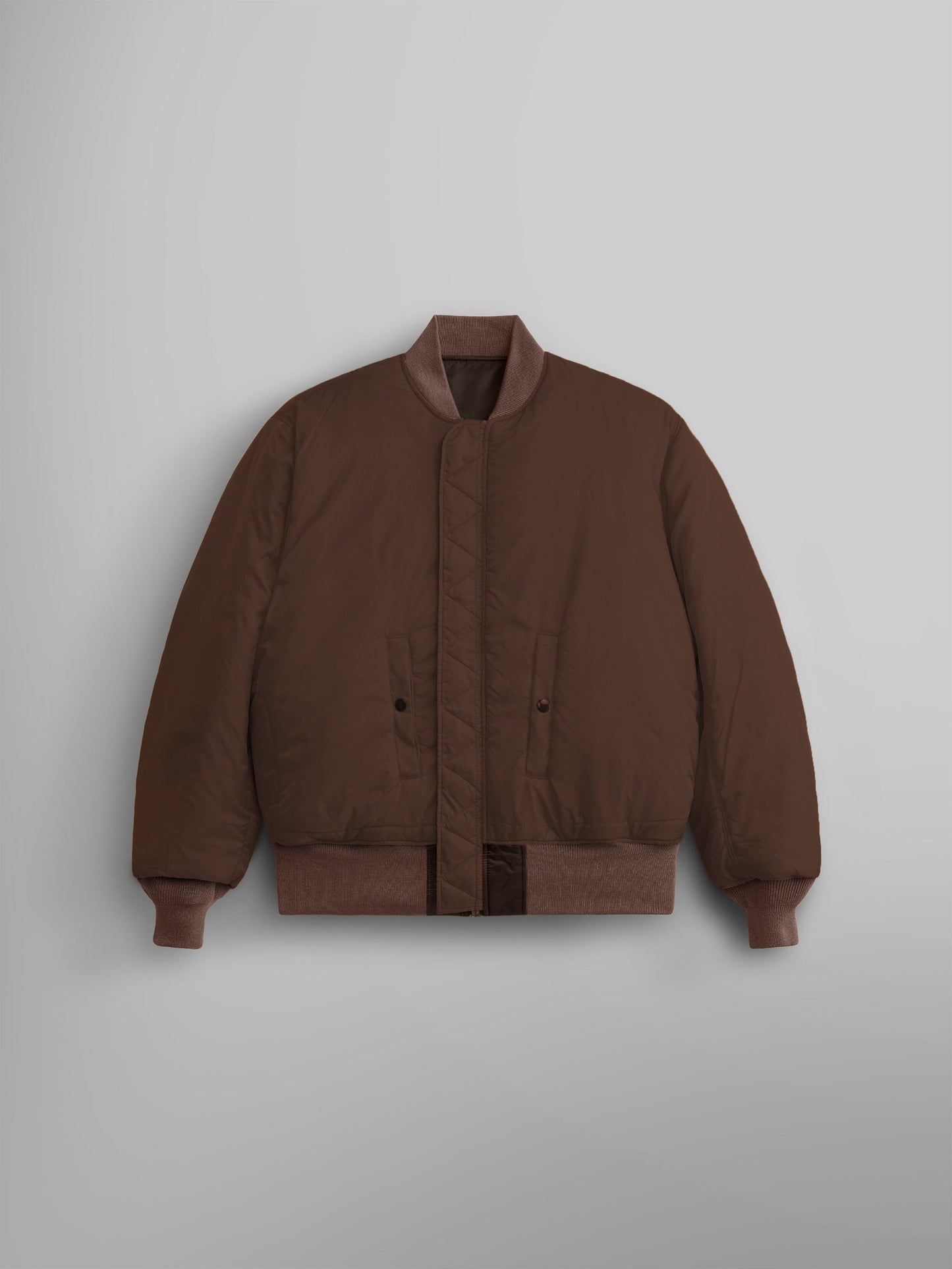 Front view of MA-1 Bomber Jacket (Heritage) in Dark Brown (Chocolate). Reversed view. By Alpha Industries.