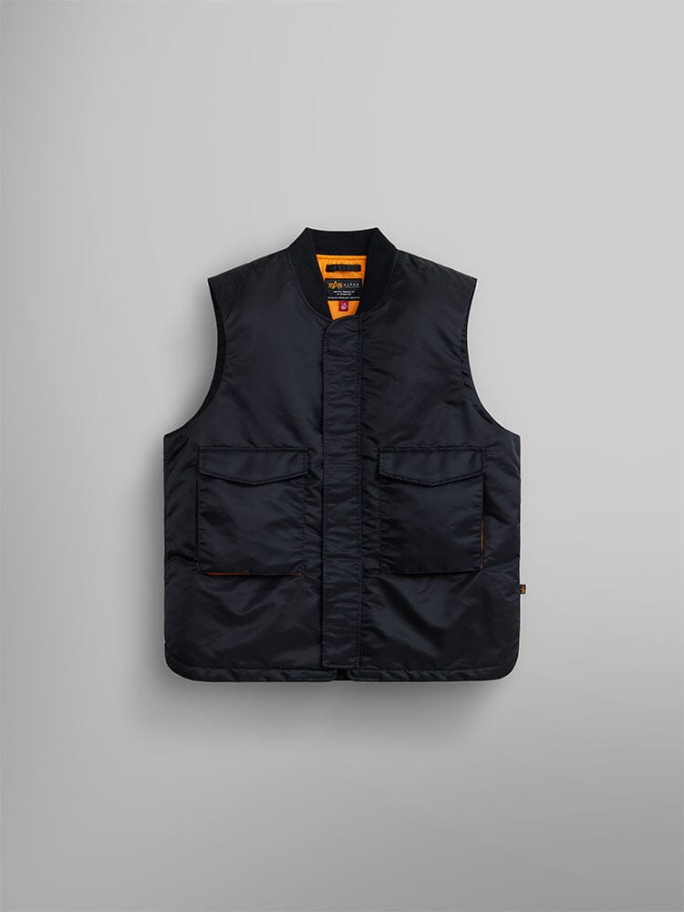 MA-1 Mod Vest by Alpha Industries is a black tactical vest featuring multiple pockets and an orange quilted lining with a visible label inside the collar, crafted in water-resistant flight nylon.