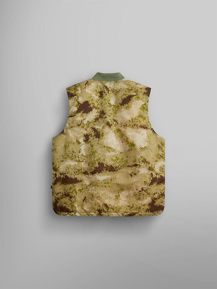 Back view of the MA-1 Mod Vest by Alpha Industries, featuring a green camouflage-patterned flight nylon material with quilted lining and water-resistant properties.