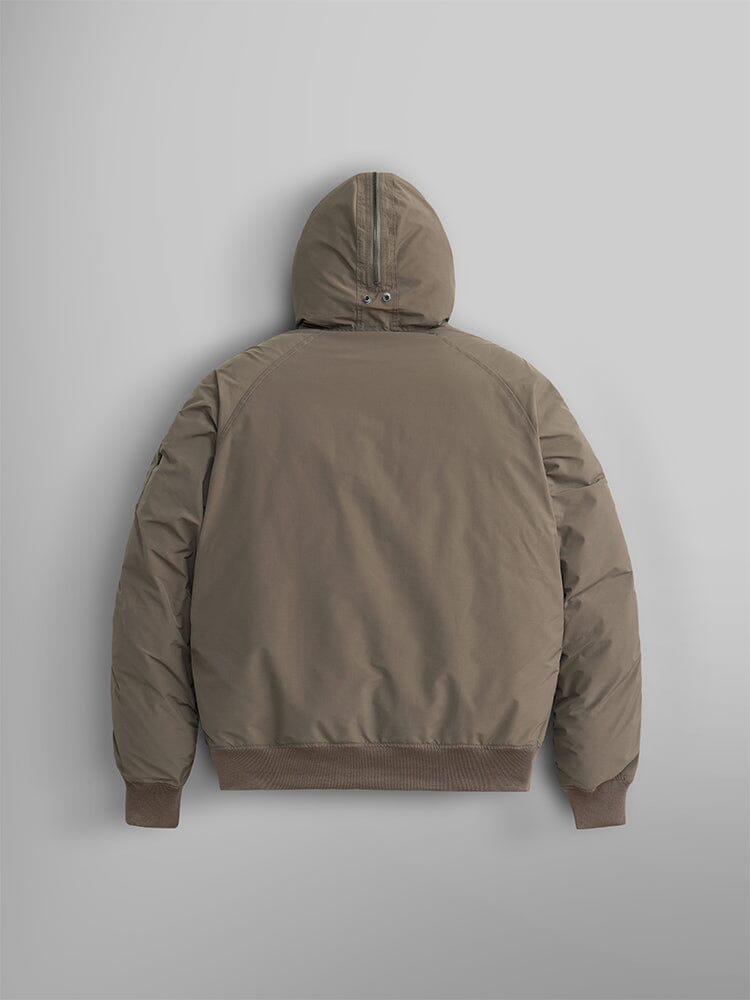 The backside of the N-2B Altitude Parka by Alpha Industries. This brown parka includes an adjustable split hood and has ribbed cuffs and hem.