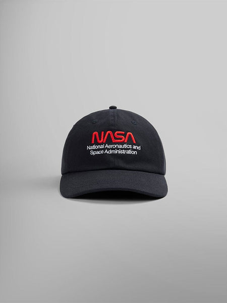 The NASA Worm Logo Cap in black by Alpha Industries features the iconic red NASA worm logo embroidered, with the full name presented beneath it in white.