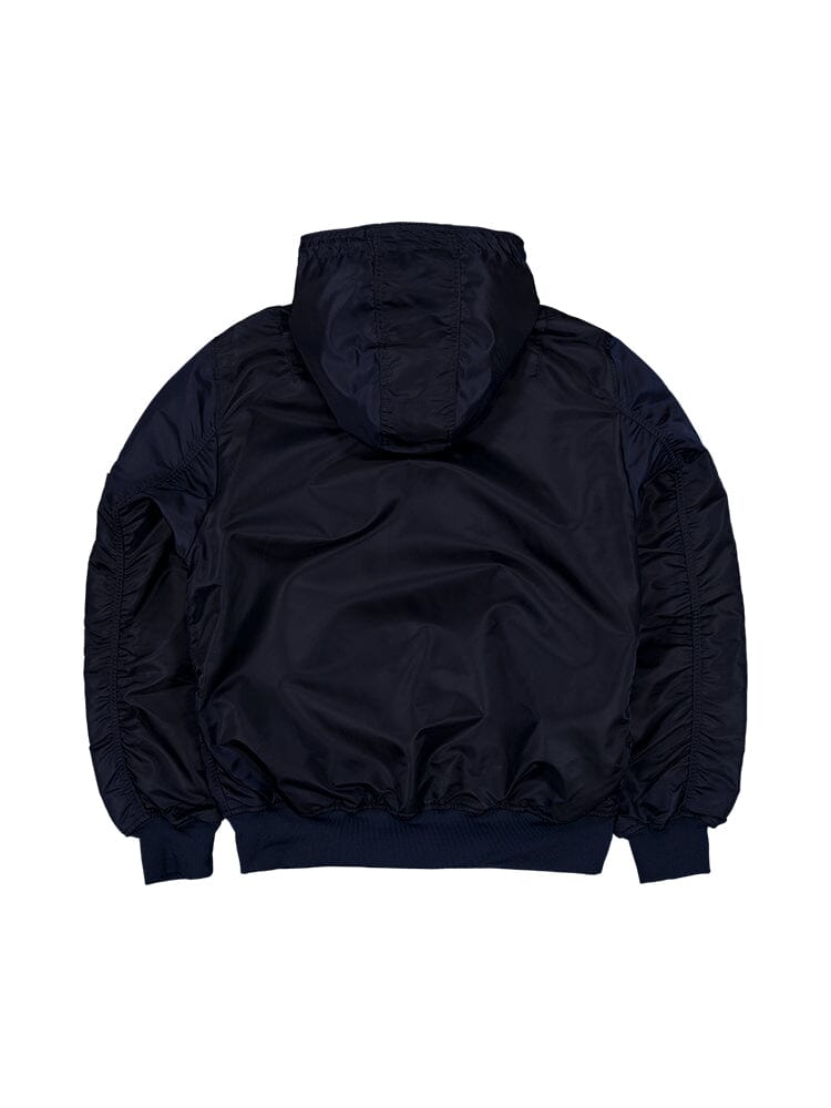 The New England Patriots x Alpha x New Era L-2B Bomber Jacket by Alpha Industries, showcased in a navy blue shade, is displayed flat to feature the back and sleeves with ribbed cuffs, adorned with NFL team patches that express your New England Patriots pride.