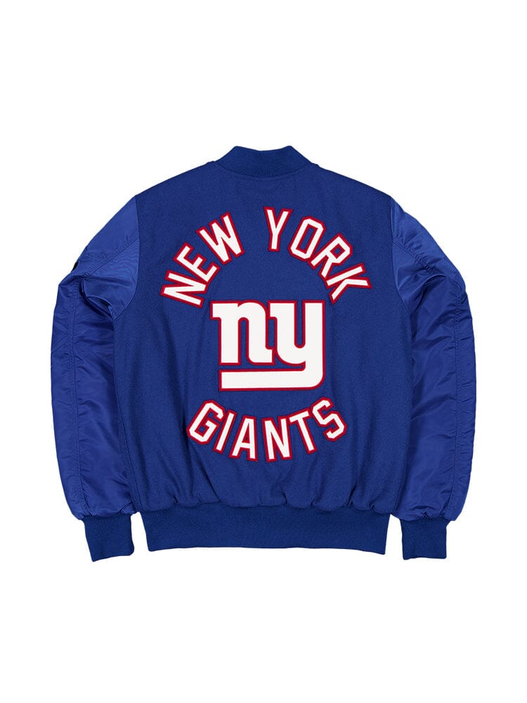 The New York Giants x Alpha x New Era MA-1 Bomber Jacket by Alpha Industries showcases the iconic New York Giants and NY logos in striking red and white on the back, complemented by an authentic NFL team patch.