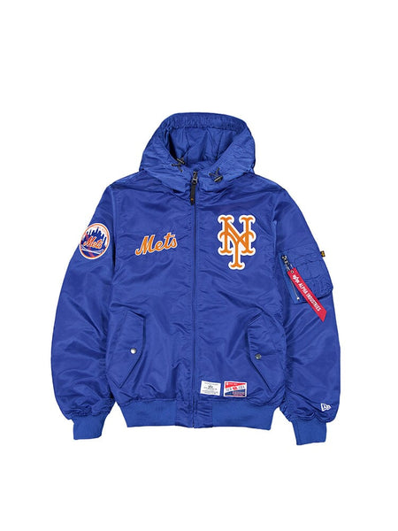 Pacific blue bomber jacket showcasing the New York Mets logo and MLB patches on the front and sleeve, Alpha Industries.