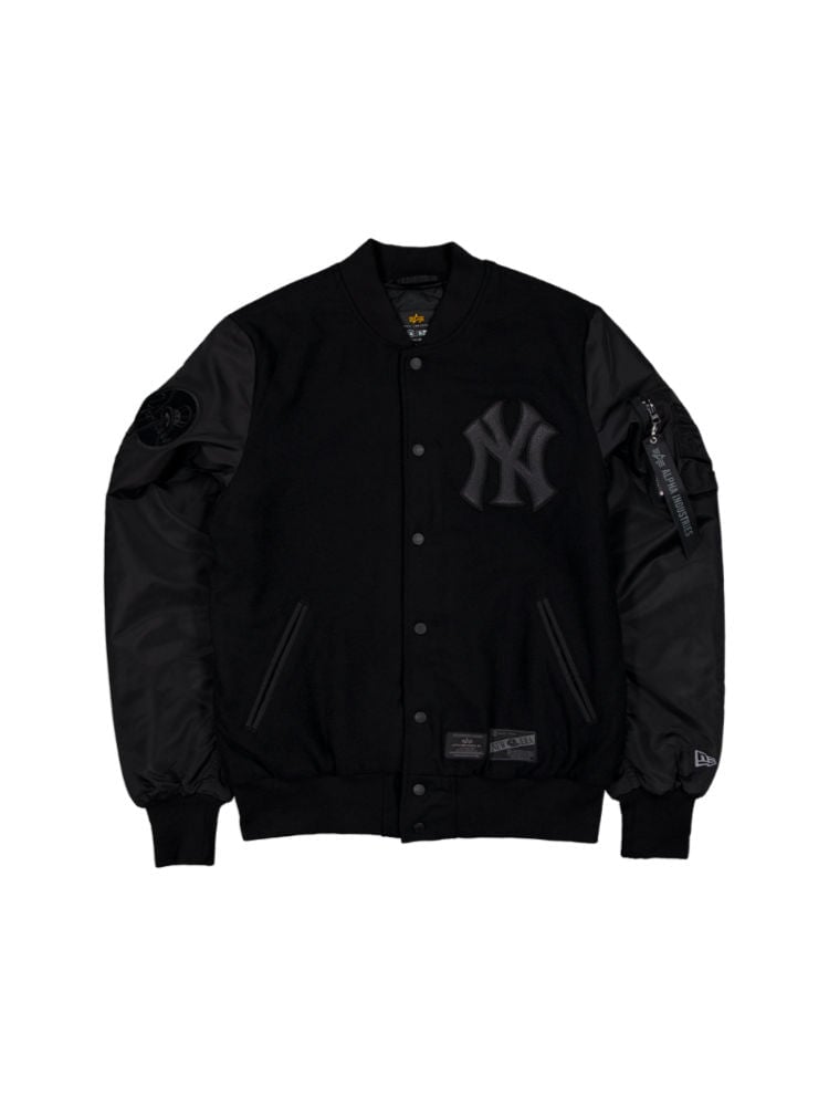 The Alpha Industries New York Yankees X Alpha X New Era Wool Varsity MA-1 Bomber Jacket in black showcases leather sleeves and a New York Yankees logo on the front, complemented by an MA-1 utility pocket for enhanced style and convenience.