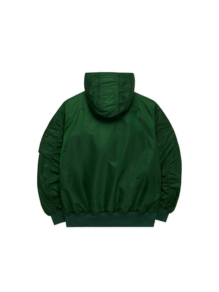 Introducing the New York Yankees X Alpha X New Era L-2B Bomber Jacket in green, featuring ribbed cuffs and hem, expertly designed for any devoted New York Yankees fan.