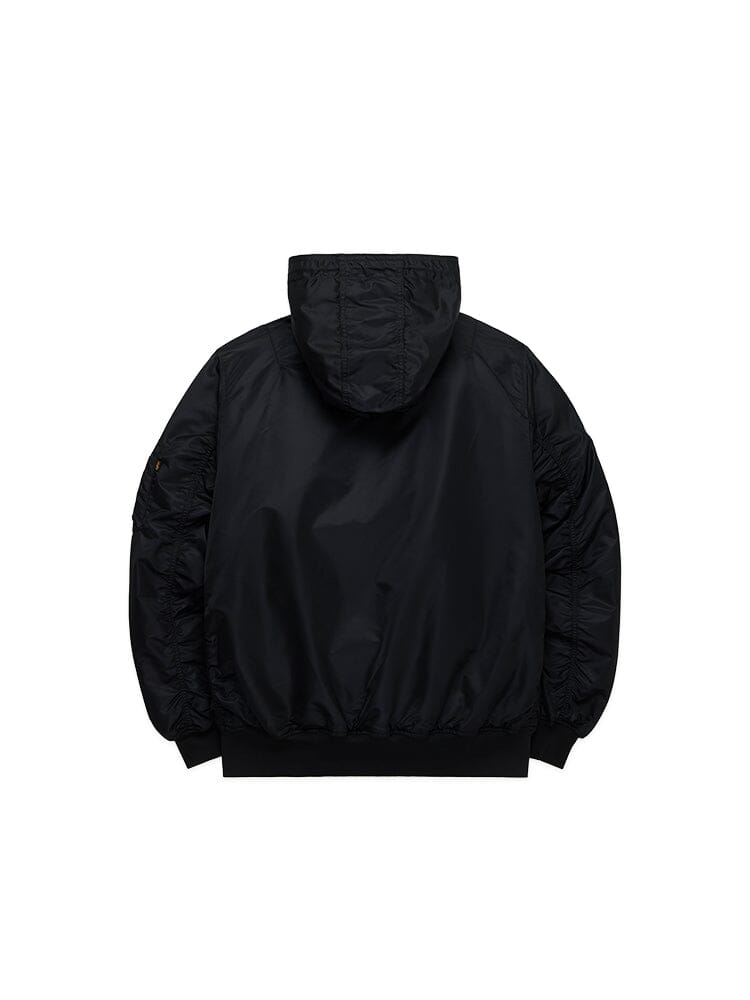 The Philadelphia Phillies x Alpha x New Era L-2B Bomber Jacket (Black) by Alpha Industries, featuring visible stitching and elastic cuffs, is ideal for any Philadelphia Phillies fan.