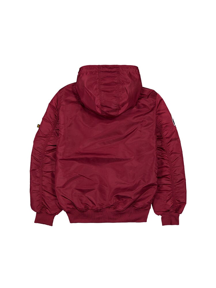 The Philadelphia Phillies x Alpha x New Era L-2B Bomber Jacket in burgundy is displayed from the back, highlighting its classic bomber style with elastic cuffs, a hem, and a small logo on the sleeve—elegantly honoring the Philadelphia Phillies legacy.