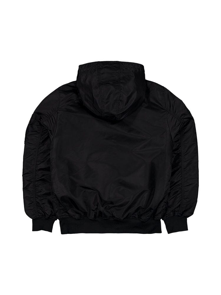 Viewed from the back, this black hooded bomber jacket from Alpha Industries features long sleeves, ribbed cuffs, and a Pittsburgh Steelers NFL team patch.